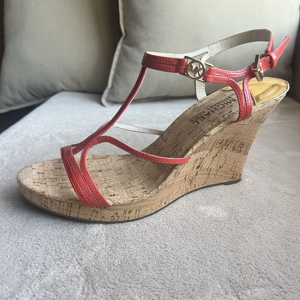 Michael Kors Cicely Watermelon Orange Patent Leather Wedge Heel Sandals Women 10